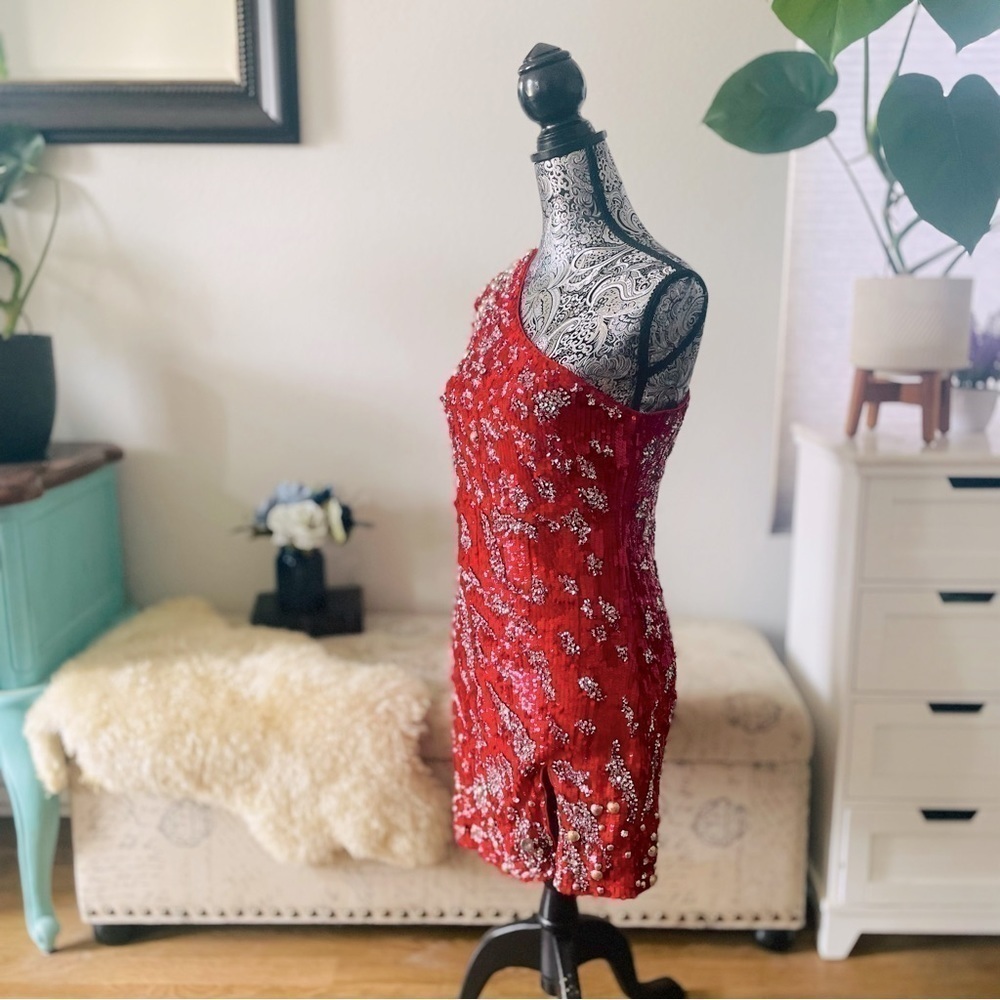 Dundas x Revolve Jett Sequin Embellished One-Shoulder Mini Dress in Red, Small - Picture 9 of 17